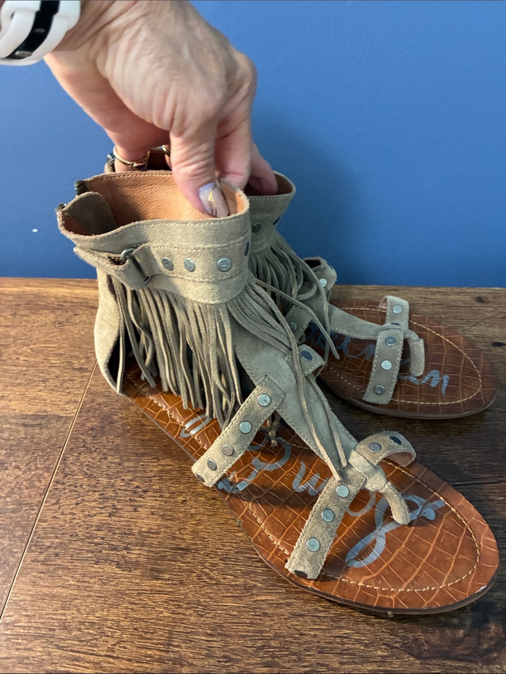 Sam Edelman Fringed Suede Gladiator Sandals - Taupe